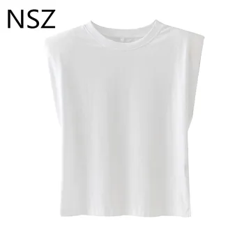 

NSZ women cotton sleeveless t shirt summer padded shoulder top oversized vogue t-shirt basic tee harajuku ladies shirt