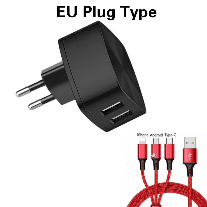 EU Plug Type Двойной Быстрая зарядка для мобильных телефонов через USB Зарядное устройство 5V 2.4A 2 Порты и разъёмы Быстрая зарядка EU/US/UK розетки Зарядное устройство адаптер с 2.4A 3-в-1 кабель для быстрой зарядки - Цвет: EU Plug Type