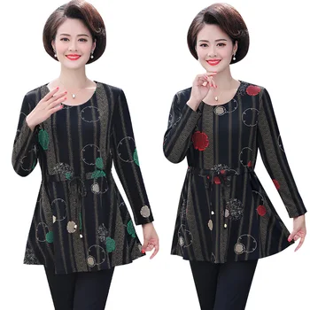

Long Sleeves T-Shirts Women Slim Pullover Spring Fall New Plus Size Middle Age Mother Tops O-Neck Printed Femme Tshirt Clothes