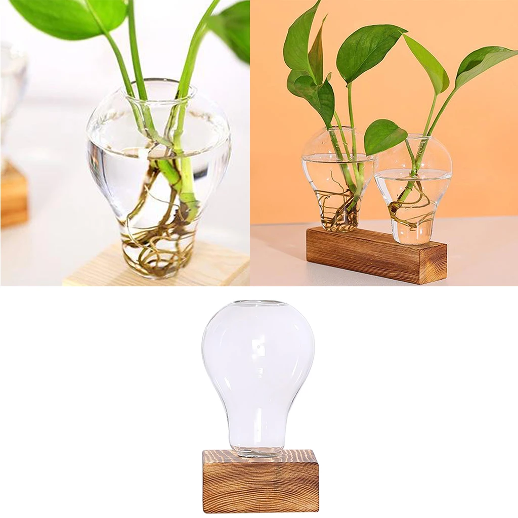 Hydroponic Plant Vase Desktop Glass Wooden Stand Plant Holder for Office Home