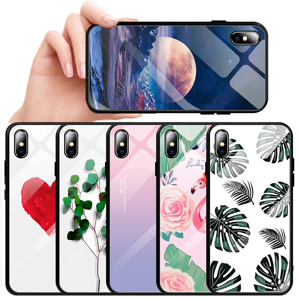 Роскошный окрашенный чехол из закаленного стекла для iphone 11 pro max x xr xs 8 7 6 6 S Вселенная Звездное Фламинго Луна цветочный узор мягкий край