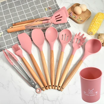 

12PCS Silicone Cooking Utensils Set Non-stick Spatula Shovel Wooden Handle Cooking Tools Set With Storage Box Kitchen Tools