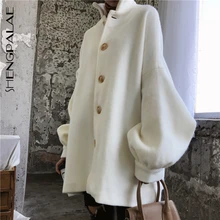 SHENGPALAE, осень, новинка, модное шерстяное пальто с отворотами и цветочными рукавами, женская Свободная Повседневная Уличная Корейская куртка FV309