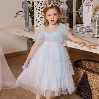 

Summer New England Style Girls Layers Cupcake Elegant Princess Dress Color Mesh Shoulder Lotus Birthday Party Children Clothes