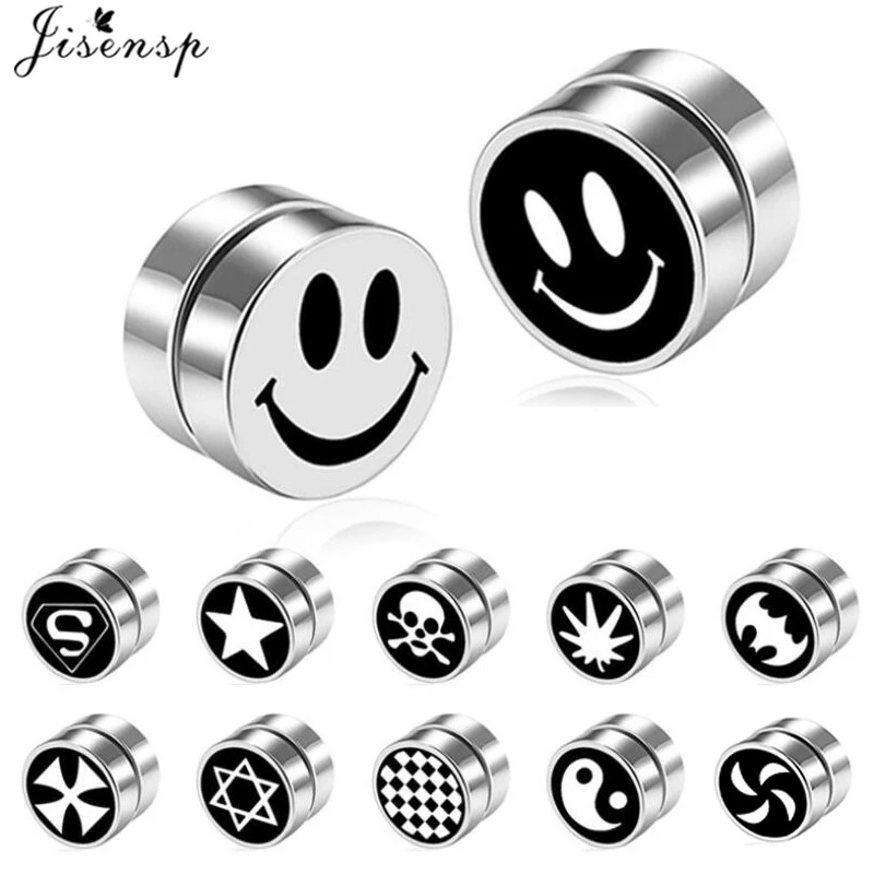 Jisensp Mens Women Strong Magnet Round Punk Stud Earrings Stainless Steel Jewelry Magnetic Ear Studs No Hole Painless Earring