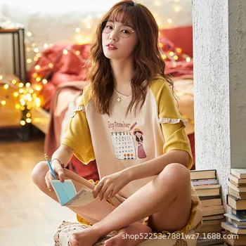 

JULY'S SONG Thin Cartoon Printed Short Sleeve Sleepwear Women Pajamas Set Spring Summer New Cute Casual Homewear Female Pyjamas