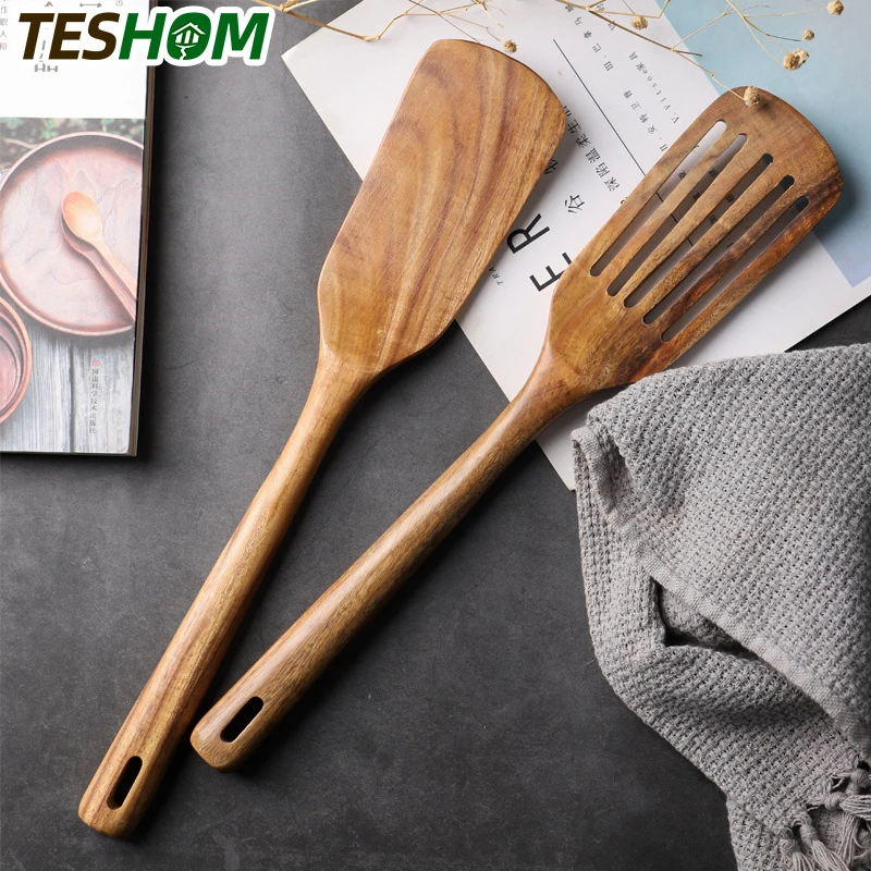 

Teak Wood Turner Long Handle Spatula Kitchen Turner Non Stick Cooking Utensils Wooden Spatula Slotted Turner Set Wooden Utensils