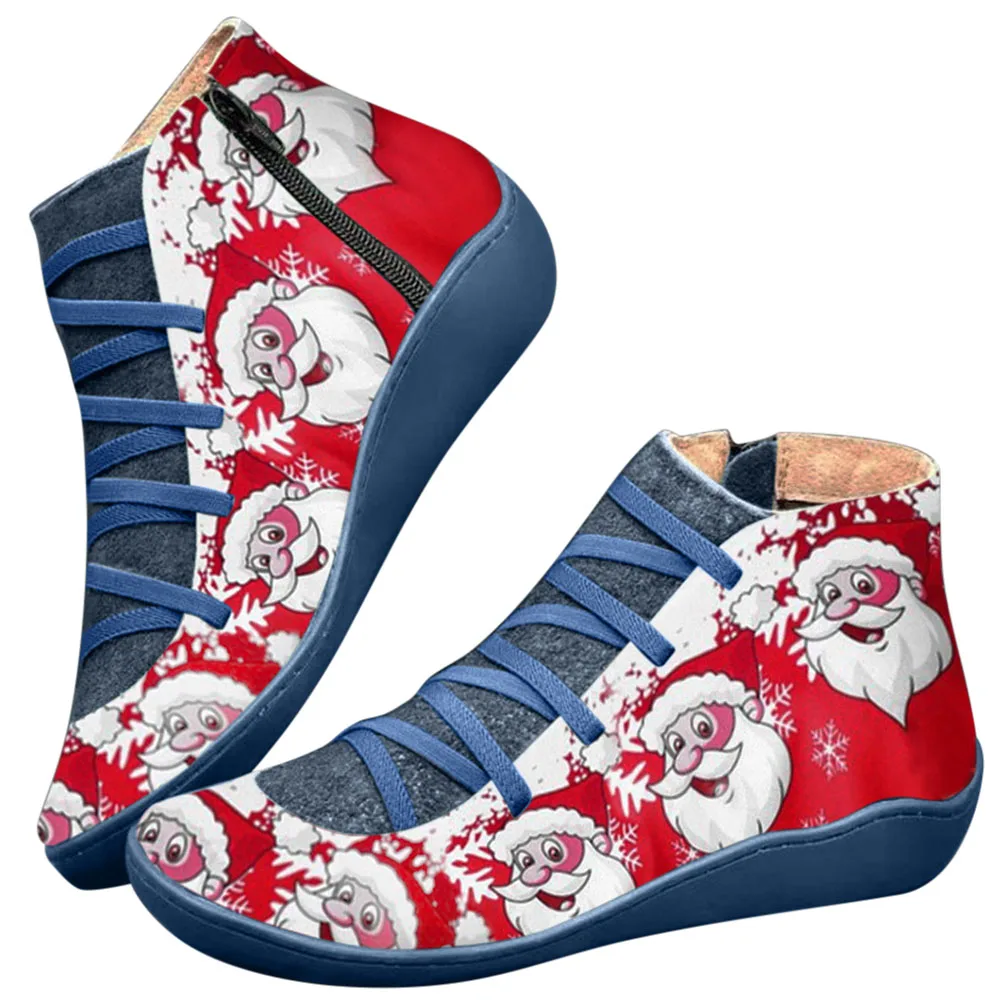 

PU Leather Ankle Boots Vintage Lace Up Women Shoes Santa Claus Printing Zipper for Christmas C55