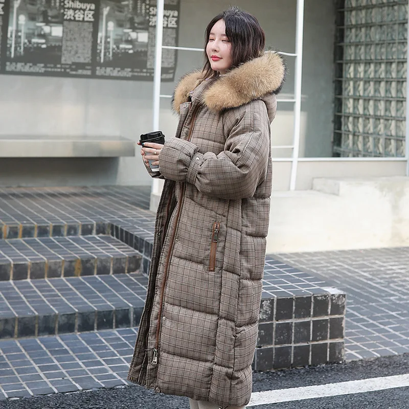 

Popular New down jacket long style winter 2019 new Korean version loose knee thick Plaid large-collar student cotton jacket