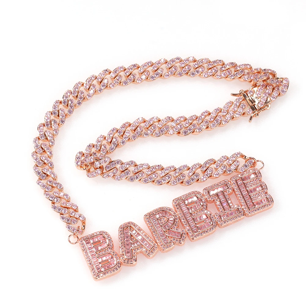 TBTK DIY Small Baguettecz Letter Pendant Necklace  With 9MM Cuban Chain Necklaces Zirconia For Women And Men Jewelry