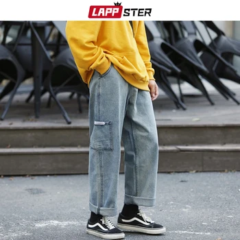 

LAPPSTER Streetwear Harajuku Jeans Pants 2020 Mens Vintage Harem Denim Pants Patchwork Straight Blue Korean Designer Jeans