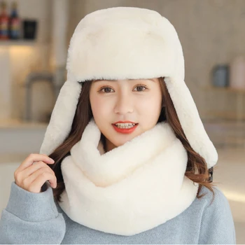 

HT2763 Hat Scarf Set Winter Accessories Thick Warm Ski Russian Hat and Scarf Soft Flush Fur Earflap Russian Cap Lady Winter Set
