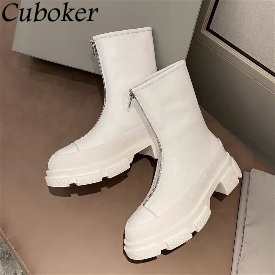 

Thick Sole Women Boots Brand Designer Round Toe ZIP Decor High Quality Female Short Boots 2021 Autumn Winter Leather Boots Women