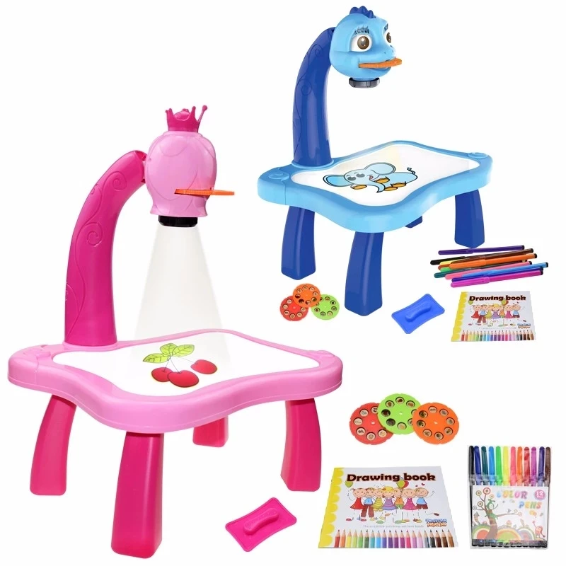 MYhose Drawing Desk Creative Children LED Projector Art Drawing Table Toys Kids Painting Board Desk Blue 