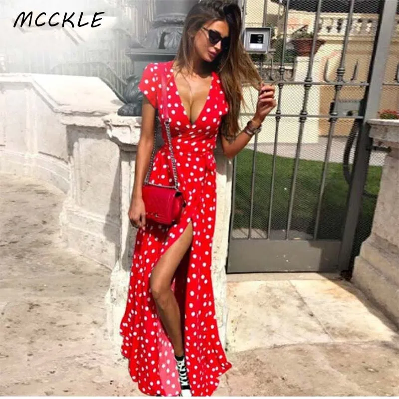 

Women Boho Polka Dot Long Maxi Dresses Split Short Sleeve Holiday Dress 2020 Summer Streetwear Ladies Vestidos Plus Size 3XL