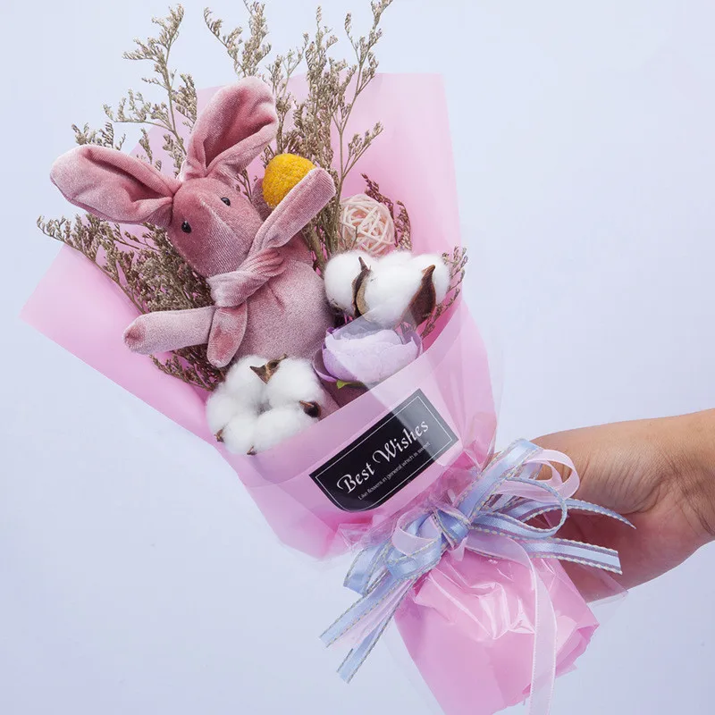 

Kawaii Dry Real flower bouquet with plush rabbit toys flower Rose Valentine's Day wedding flowers decoration with box