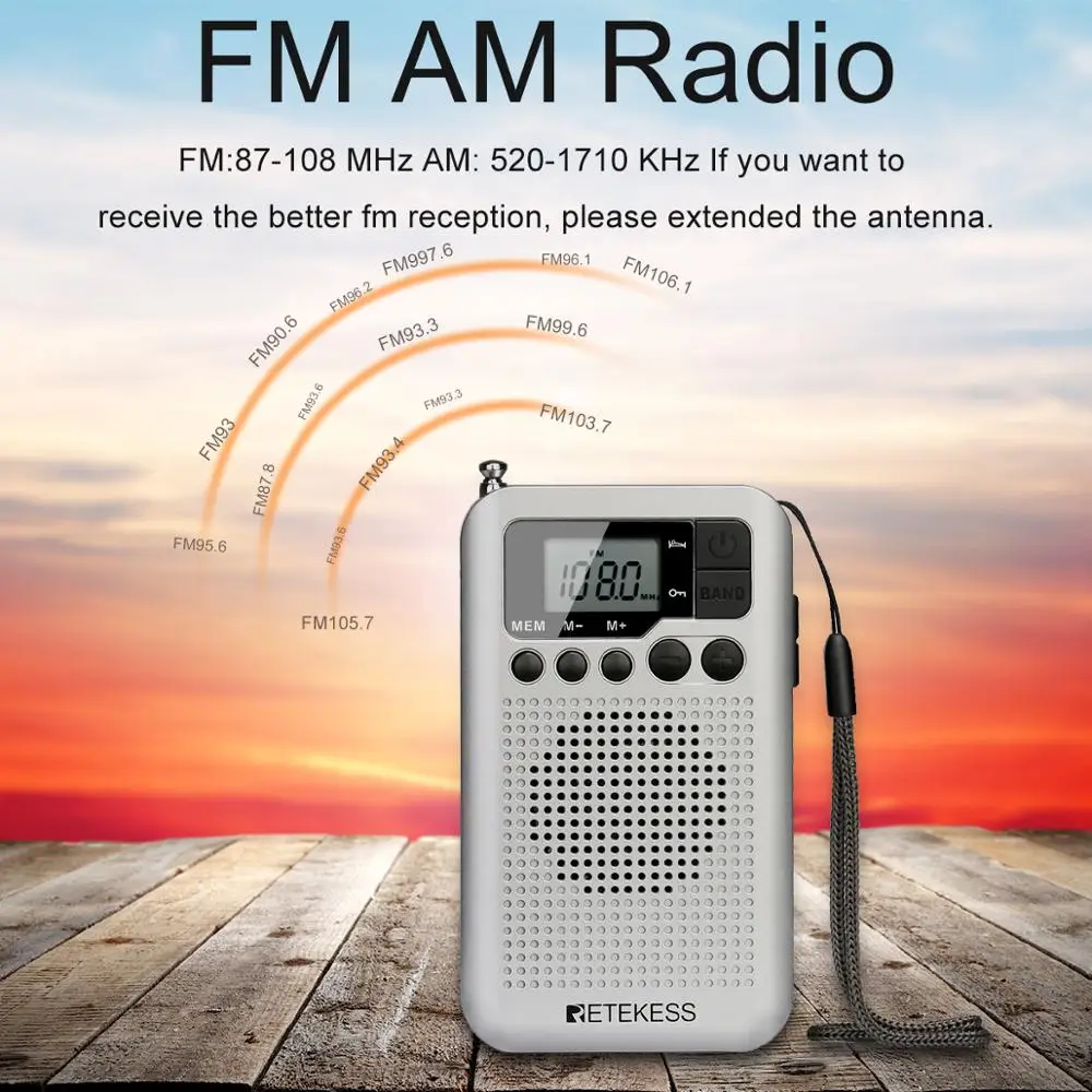 Retekess TR106 Silver Portable FM AM Radio with LCD Display Digital Tuning Speaker Headphone Jack and Support Clock Function