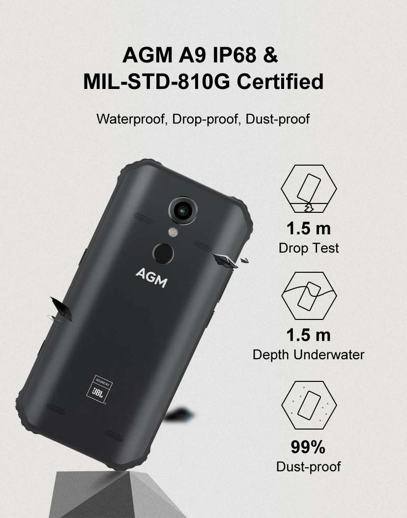 AGM A9 прочный IP68 водонепроницаемый смартфон SDM450 5,9" FHD+ 4 Гб 64 Гб 5400 мАч Quick Charge 3,0 Android 8,1 Quad-Box динамики NFC