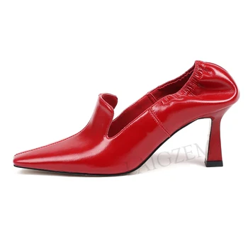 

LAIGZEM Design Women Heels Pumps Square Toe 7CM/3.5CM Heels Pleated Elastic Slip On Spring Summer Shoes Woman Size 38 39