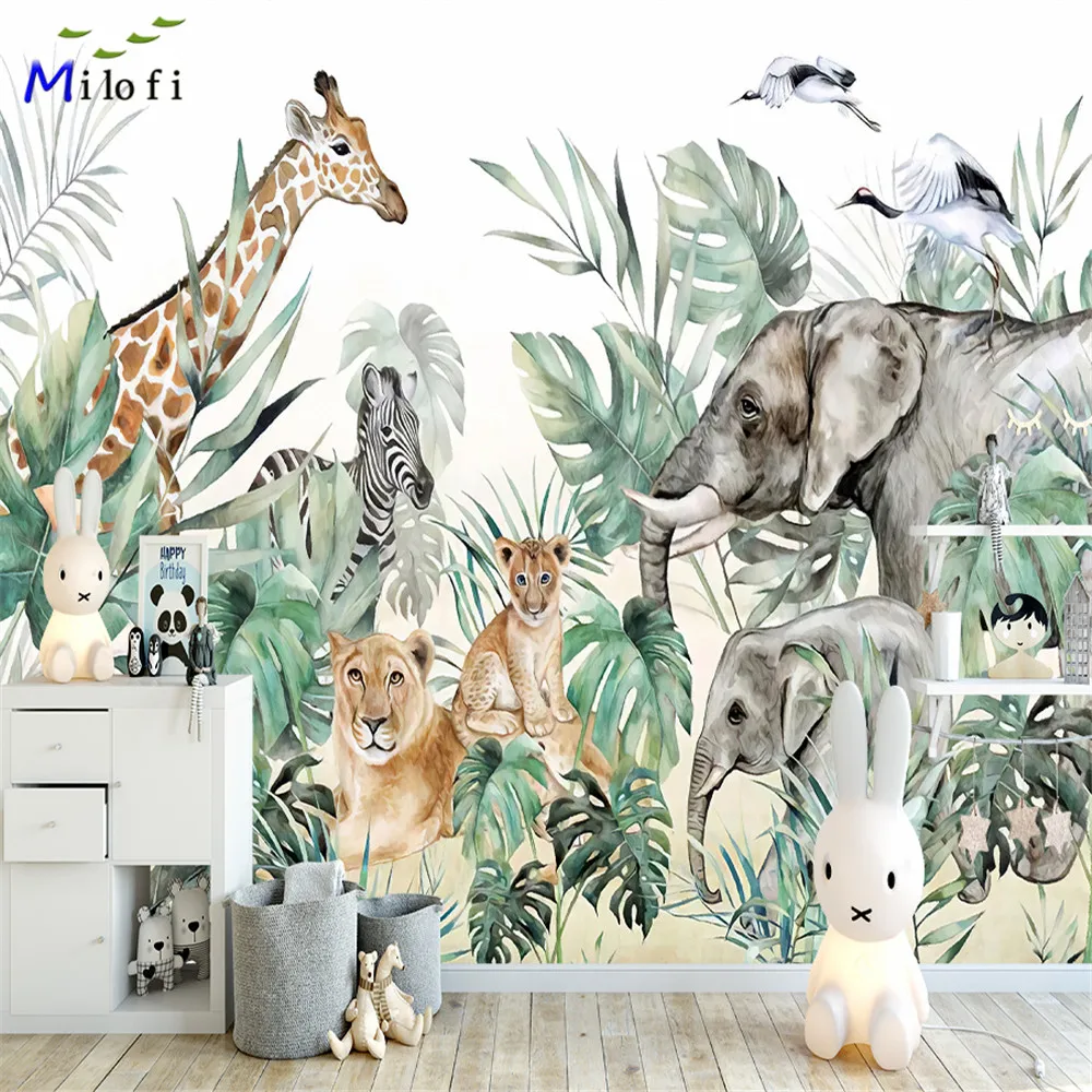 Milofi professional 3D large wallpaper mural hand-painted Nordic forest small animal illustration children background wall