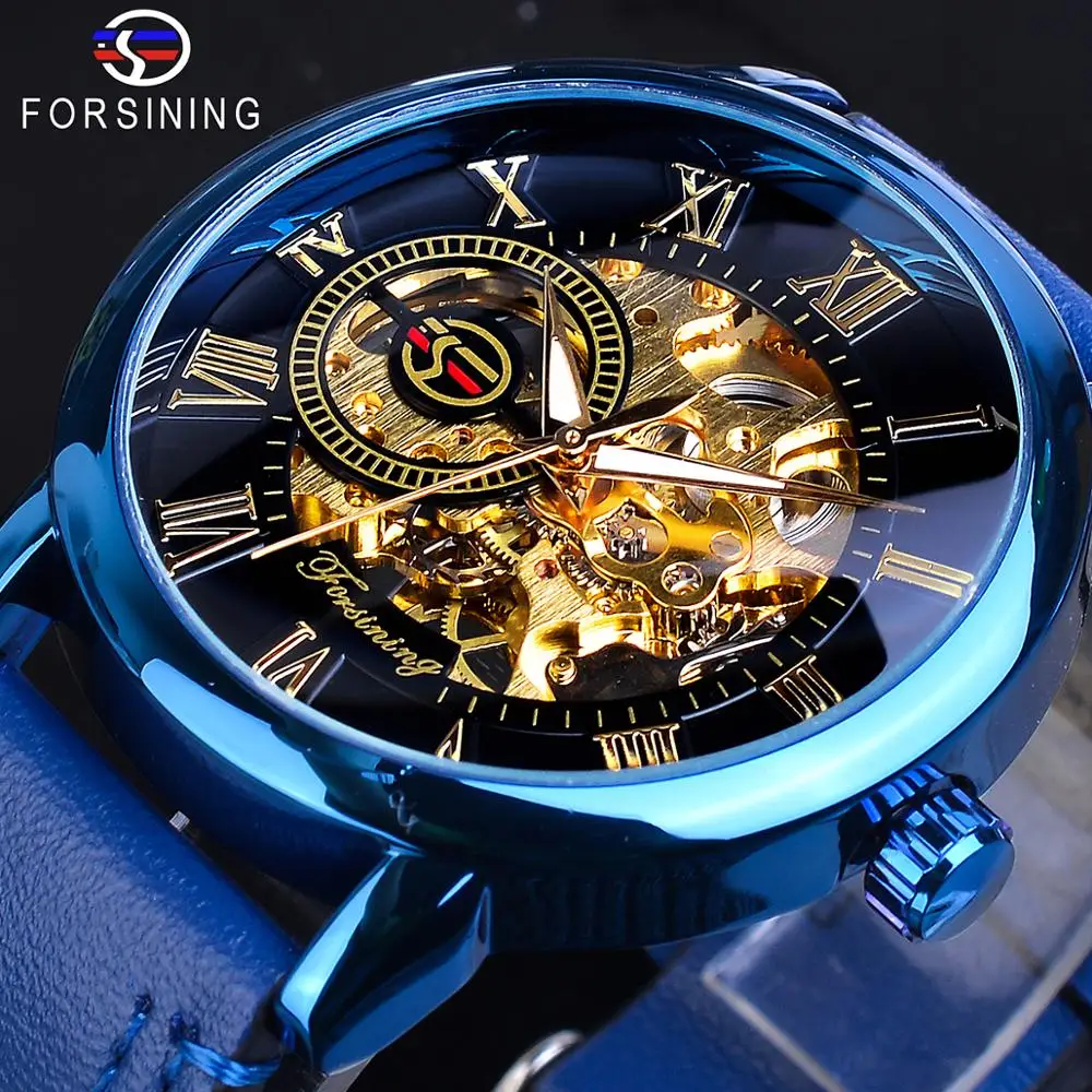 Forsining-Reloj mecánico para Hombre, accesorio masculino de pulsera resistente al agua con correa de cuero genuino, diseño analógico ultrafino, color azul, estilo Casual y deportivo