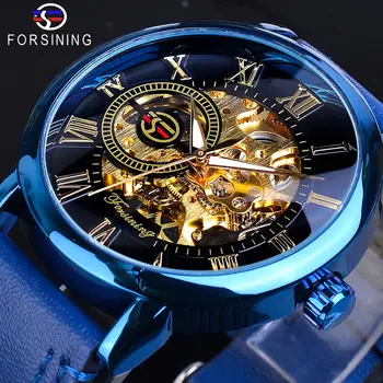 Forsining-Reloj mecánico para Hombre, accesorio masculino de pulsera resistente al agua con correa de cuero genuino, diseño analógico ultrafino, color azul, estilo Casual y deportivo