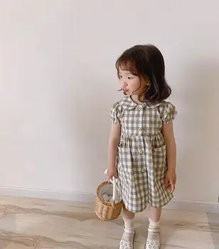

Wholesale 2020 Summer New Girl Plaid Dress Avocado Yellow Peter Pan Collar Cotton Short Sleeve Dress Children Clothes E20023