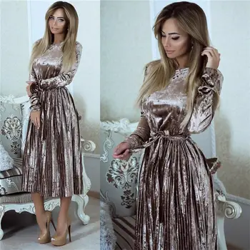 

Elegant Long Sleeve Velvet Dress Women 2020 Spring Pleated Party Dresses With Belt For Women Long Sleeve Vintage Midi Dress