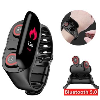 

2 In 1 AI Smart Watch With Bluetooth Earphone Heart Rate Monitor Smart Wristband Long Time Standby Sport Watch Men