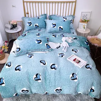 

Mocha heart Bedding Set Anti-static velvet Bed Set Queen King Size Bed Sheet sky blue Duvet Cover Set pillowcases Edge Bedding