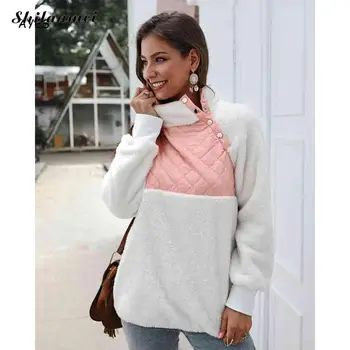 

Women Pink Hoodies Sweatshirts Autumn Winter Fleece Pullovers Patchwork Turtleneck Pullover Long Sleeve Oversized Sweatshirt