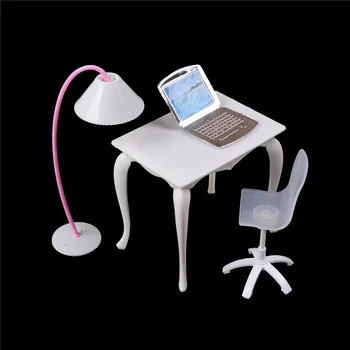 

1 Set Dollhouse Miniature Furniture Study Desk Chair Computer PC Table With Lamp Children Toy Girl Play House Doll Accessories