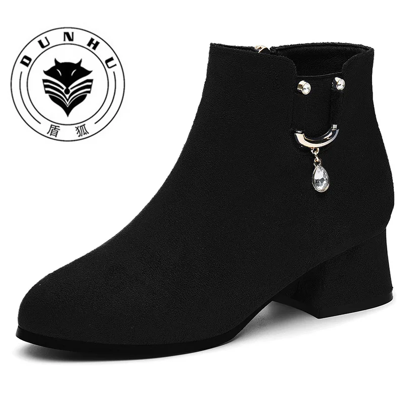 

Dunhu 2019 Winter New Style Pointed Toe Chunky Heel Short Boots Waterproof Platform Casual Women's Boots Side Zipper WOMEN'S Sho