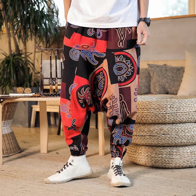Брюки-шаровары размера плюс из хлопка и льна, мужские мешковатые брюки, мужские штаны для бега в стиле хип-хоп, широкие брюки, повседневные свободные брюки