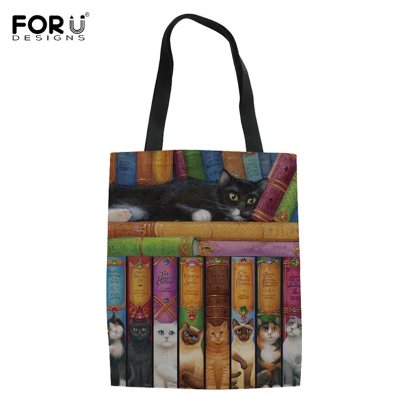 

FORUDESIGNS Book Oil Painting Cats Women Tote Canvas Bags Reusable Shopping Bag Single Shoulder Bag for Shopper Bolsas de tela