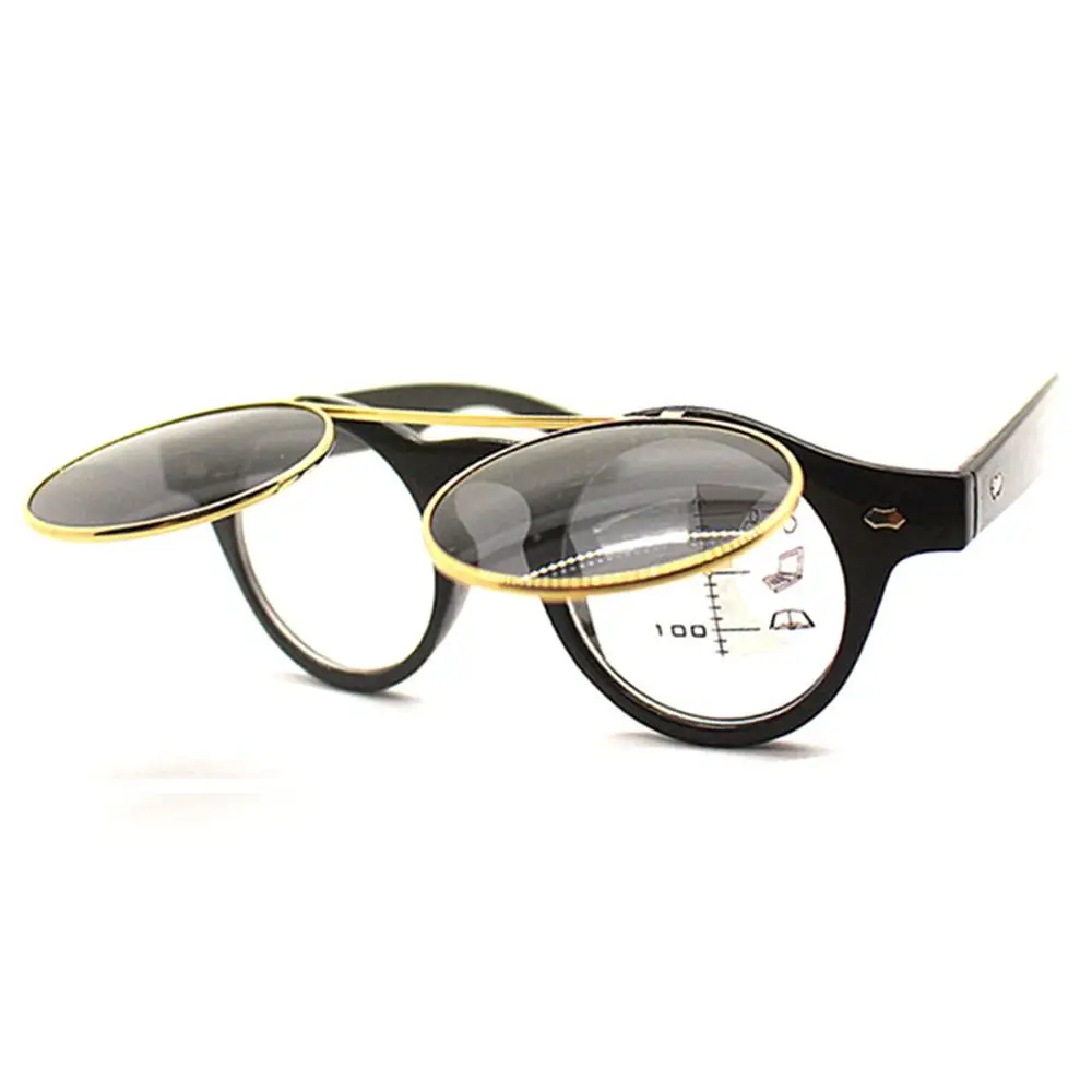 Поляризационные стимпанк Флип-ап прогрессивные Мультифокальные многофокусные очки для чтения, солнцезащитные очки для дальнозоркости, дальнозоркости, дальнозоркости - Цвет оправы: YWL0138DJ Black
