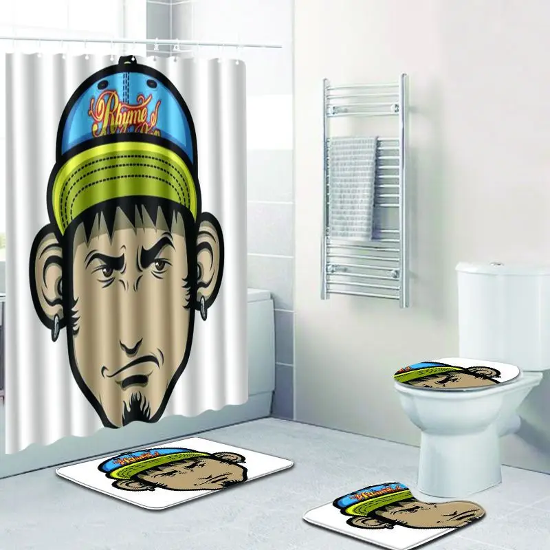 4pcs/set Creative 3D Cool Men Shower Curtain Waterproof Polyester Fabric Washable Modern Solid Toilet Seat Cover Anti-slip Mat