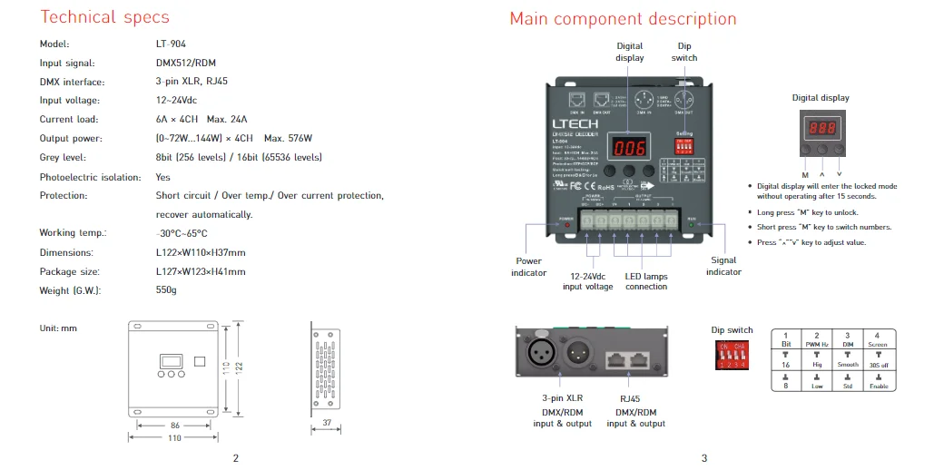 DMX-PWM декодер; DC12-24V вход; 6A* 4CH Макс 24A 576 Вт Выход XLR-3/RJ45 порт RGBW DMX512 декодер