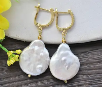 

25mm White Drop-Coin Freshwater Pearl Dangle Earring CZ