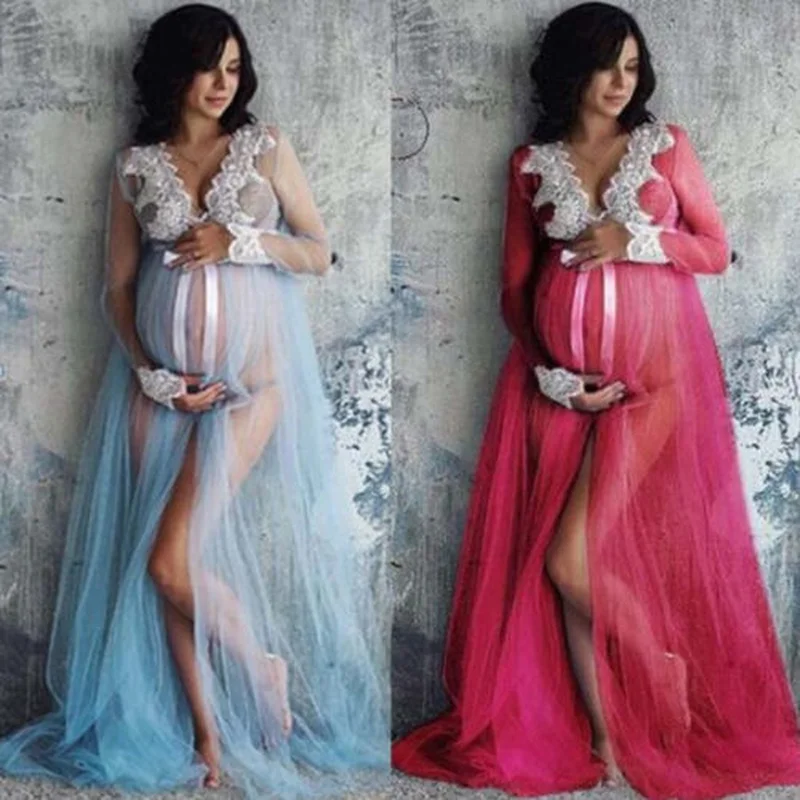 Pregnant Women Lace Up Long Sleeve Maternity Dress Ladies Maxi Gown Photography Photo Shoot Clothing Clothes