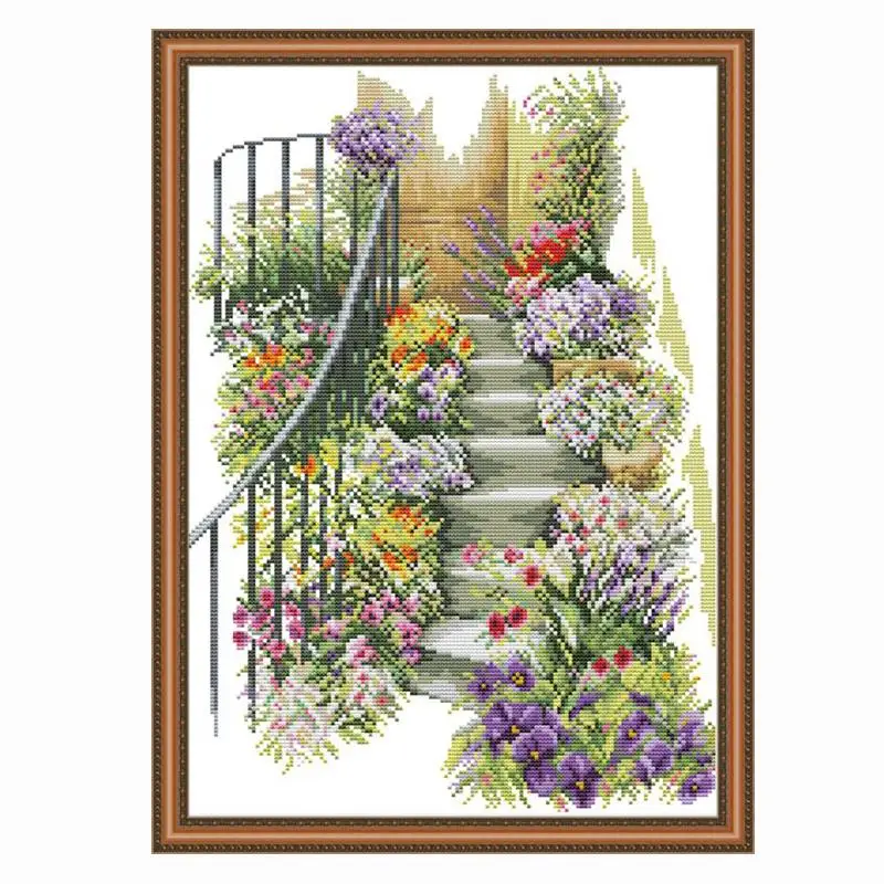 Flowers staircase landscape painting pattern printed on fabric DMC 14CT11CT DMS cross stitch needlework home decoration | Дом и сад