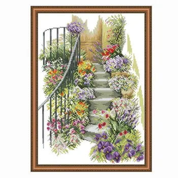 

Flowers staircase landscape painting pattern printed on fabric DMC 14CT11CT DMS cross stitch needlework home decoration painting