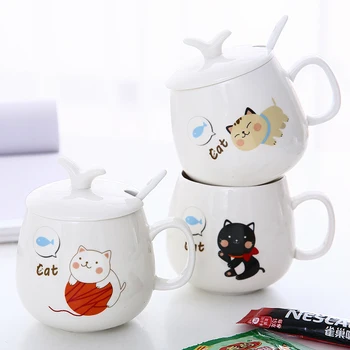 

Japanese Cartoon Cute Mug White Ceramic Mug for Couple with Spoon Lid Creative Taza Desayuno Breakfast Milk Coffee Mugs MM60MKB