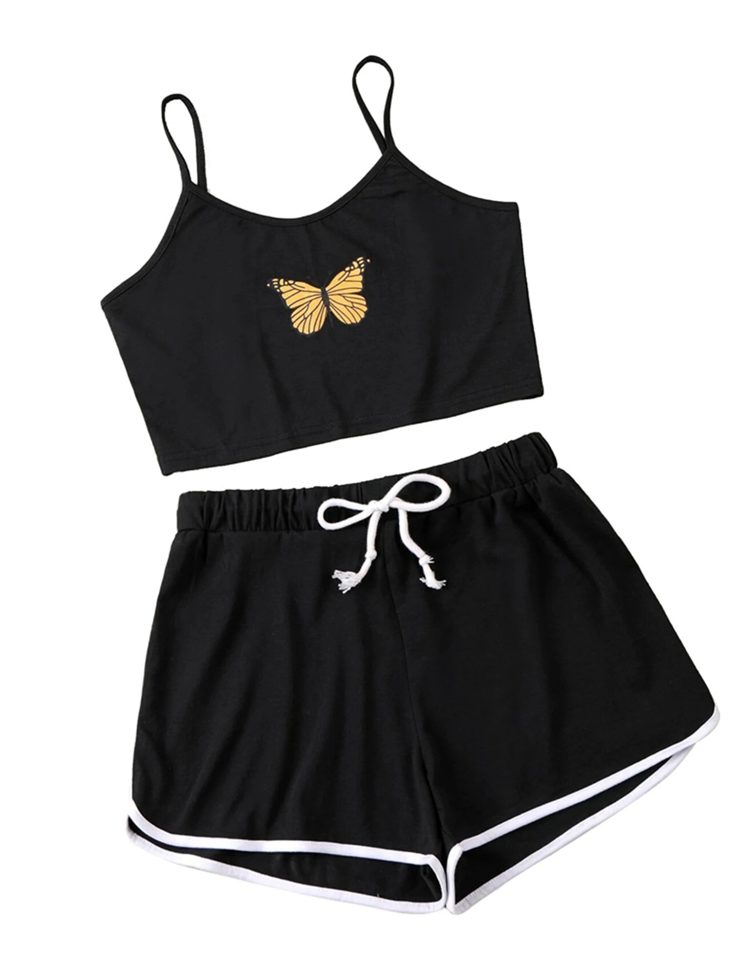 

Women's New Solid Color Butterfly Embroidery Sling Crop Top Lace Up Shorts Fitness Workout Pajamas Sets Sportwear Underwear
