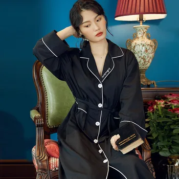 

Nightgown Female Warm Winter Cute Woven Cotton Long Sleepwear Women Loose Long Sleeve Cardigan Lace-up Home Night Robe Ladies