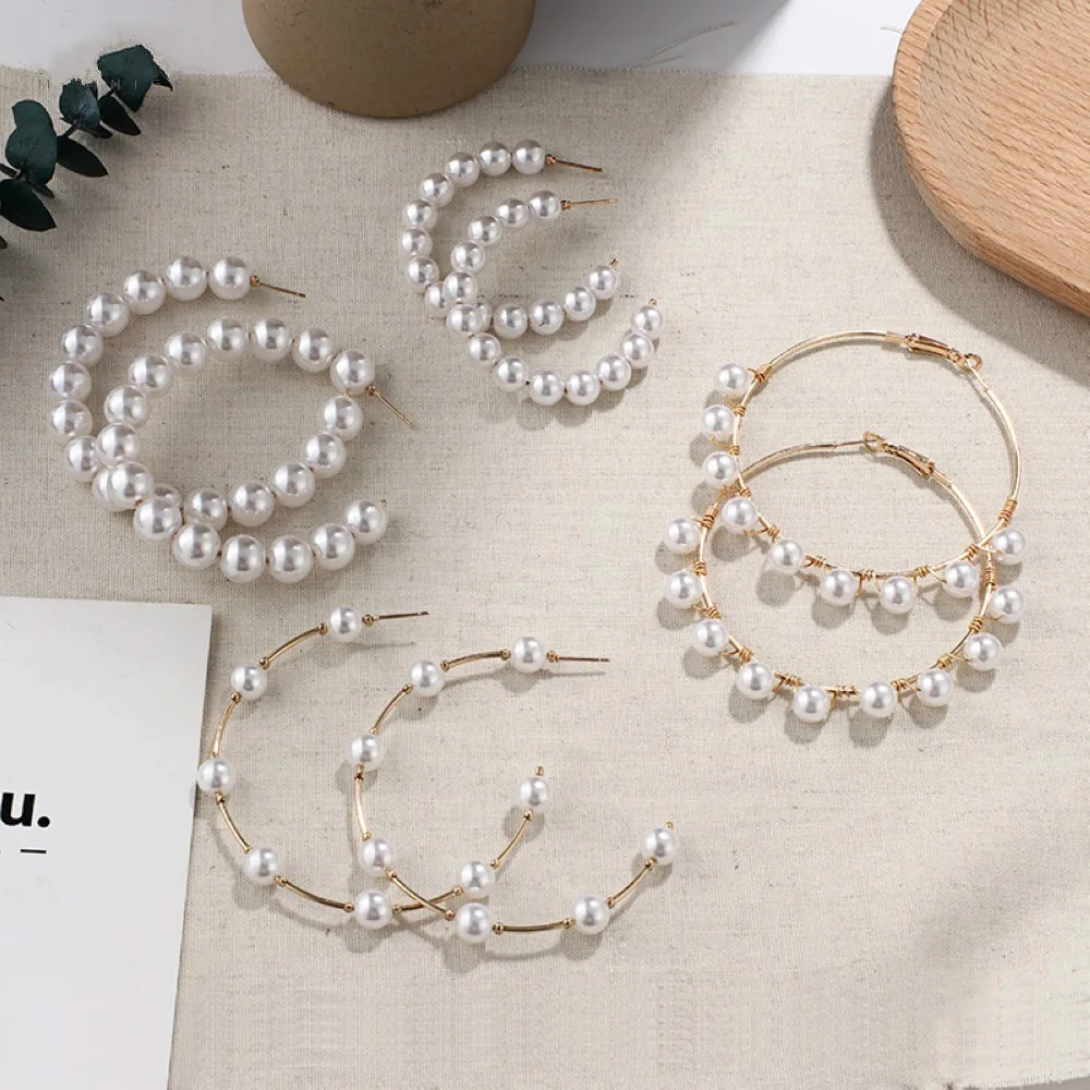 

SEDmart Fashion Pearl Big Hoop Drop Earrings for Women Girls Alloy Geometric Female Statement Circle Trendy Jewelry Gifts