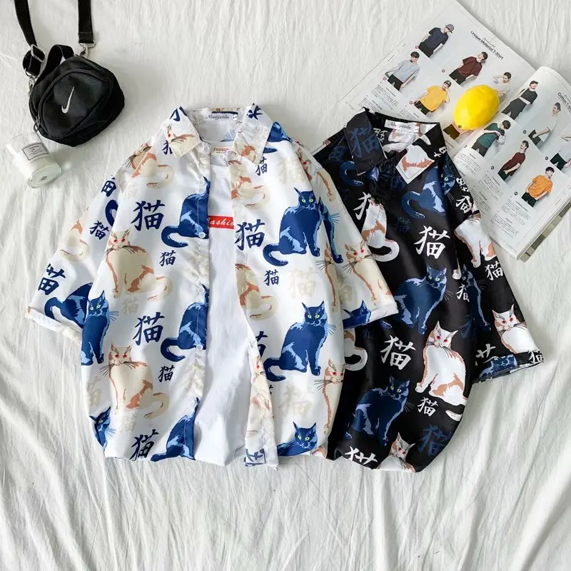 Fashion Mens Short Sleeve Hawaiian Shirt Fast drying Plus Size Asian Size M-3XL Summer Casual Cute cat Beach Shirts For Men