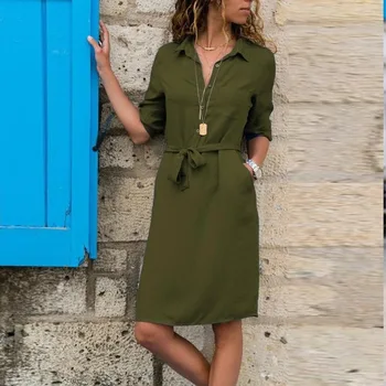 

Fashion Turn-down Collar Party Shirt Dress Women Solid Three Quarter Sleeve Spring Dress Plus Size Loose Casual Vestidos Robe