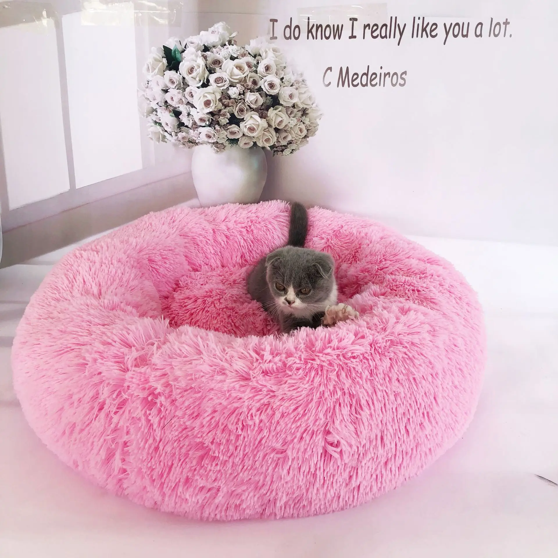 Long Plush Super Soft Pet Bed Kennel Dog Round Cat Winter Warm Sleeping Bag Puppy Cushion Mat Portable Cat Supplies 40/50/60cm - Цвет: 4