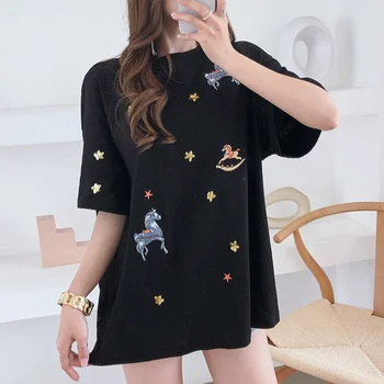 

Spring And Summer New Style WOMEN'S Dress Sequin Collage Printed Loose-Fit WOMEN'S Short Sleeved korean clothes t shirt